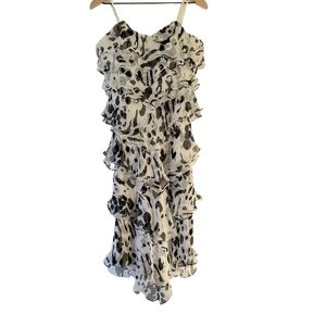 Melinda Eng Black White Tiered Ruffle Strapless Animal Print Cocktail Dress 10